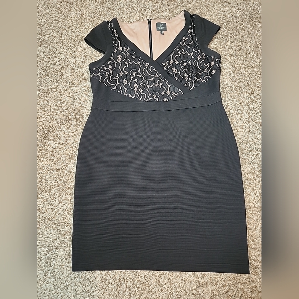 Adrianna Papell Black Womens Size 14W Lace Illusion Sheath Dress - Picture 2 of 12